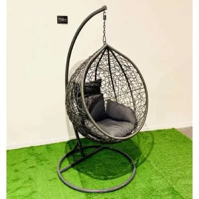 Swing Rattan Dark Grey Egg Chair with Cushions In Black