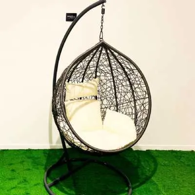 Swing Rattan Dark Grey Egg Chair with Cushions In Cream