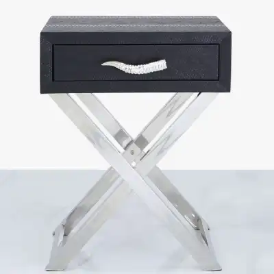 Faux Snake Leather 1 Drawer End Table Black Horn Handle