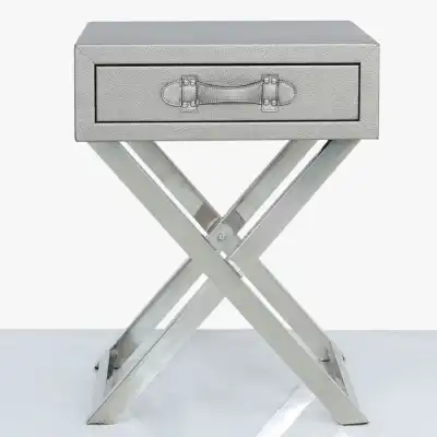 Faux Litchi Grain Leather 1 Drawer End Table Pewter