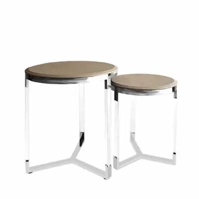 Taupe Round Steel Faux Litchi Grain End Tables set of 2