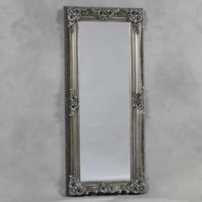 Silver Finish Tall Rectangular Ornate Carved Mirror