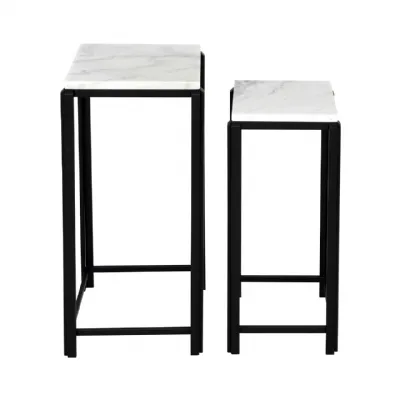 Lena Set Of 2 White Marble With Black Metal Legs End Table