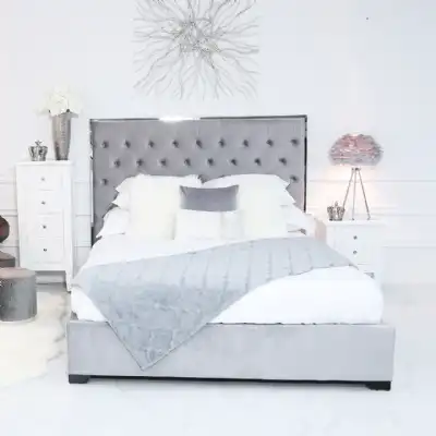 Grey Velvet King Size Bed Frame with Buttoned Headboard