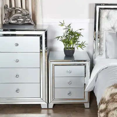 Grey Mirrored Glass 3 Drawer Bedside Table