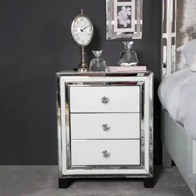 White Mirrored Glass 3 Drawer Bedside Chest