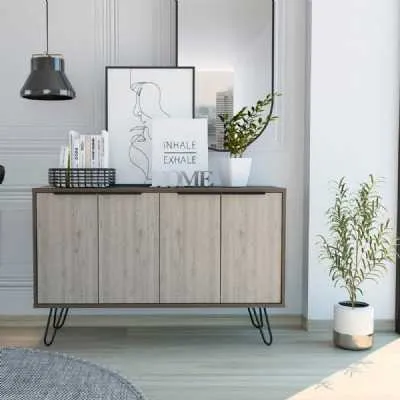 Modern Large Smoked And Bleached Grey Oak Effect 4 Door Sideboard on Black Hairpin Legs