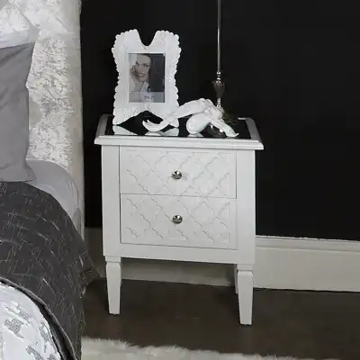 White Painted Wood Bedside Table Cabinet Mirrored Top