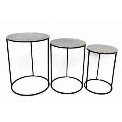 Set Of 3 Round Tall Aluminium Tables Black Leg