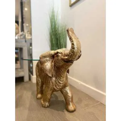 70Cm Gold Elephant With Glass Top Side Table