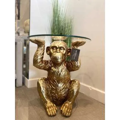 49Cm Gold Chimpanzee With Glass Top Side Table