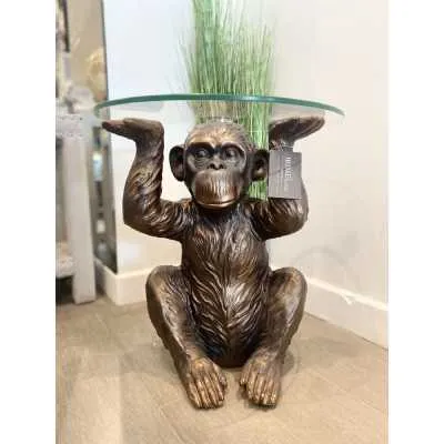 49Cm Bronze Chimpanzee With Glass Top Side Table