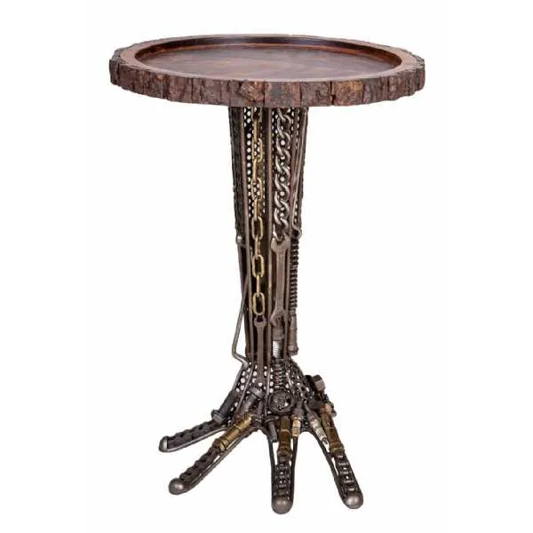 Recycled Sculptures Industrial Steampunk Wrought Iron Hand Crafted Round Side End Occasional Table 37cm Diameter