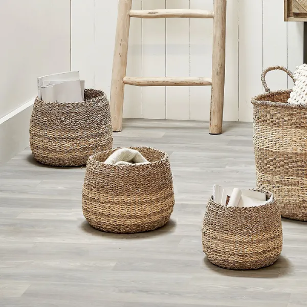 Set of 3 Woven 2 Tone Seagrass and Palm Leaf Round Baskets