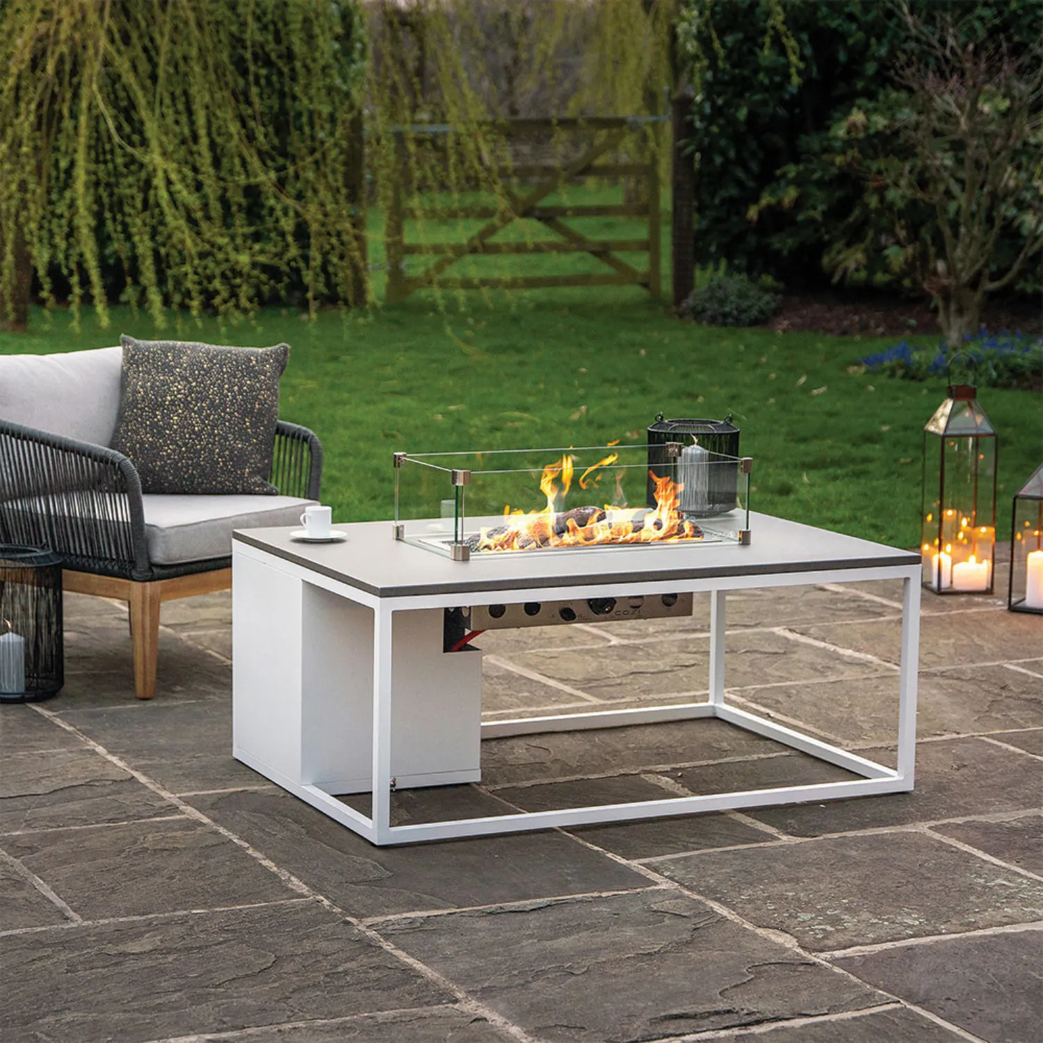 White and Grey Metal Garden Rectangular 120cm Fire Pit Table