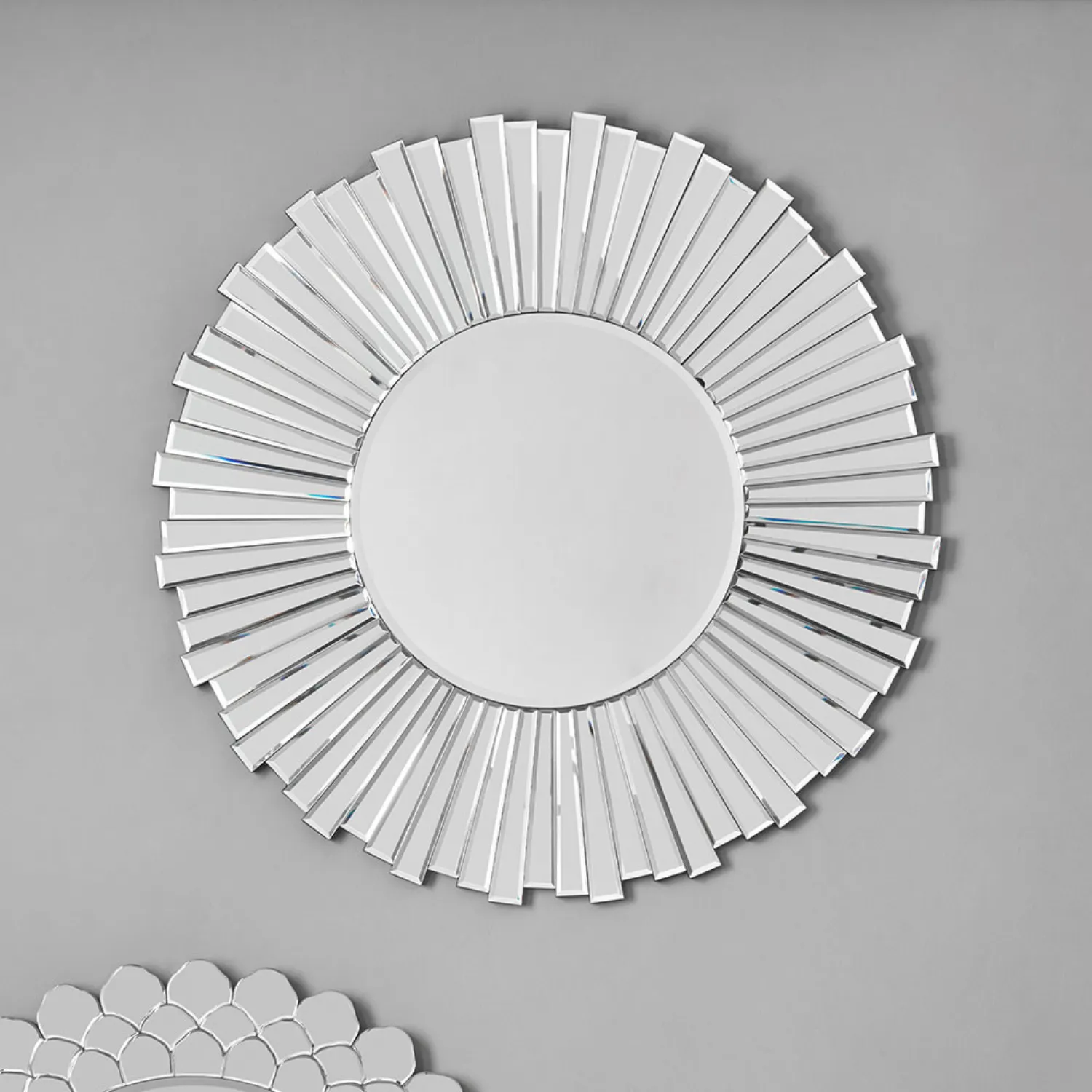 Art Deco Silver Mirrored Glass Starburst Round Wall Mirror