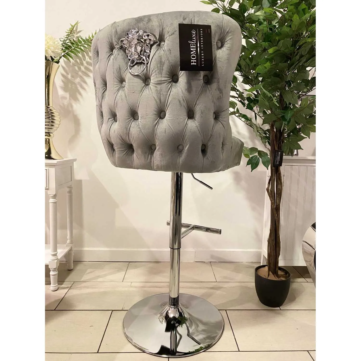 Paolo Gas Lift Barstool in Velvet Grey With Madusa Head (Sold In Pairs)