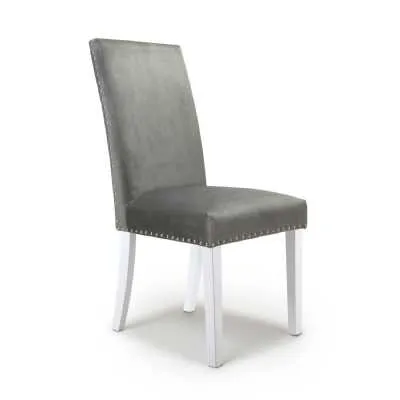 Grey Brushed Velvet Fabric Upholstered Kitchen Dining Chair Stud Detail White Legs