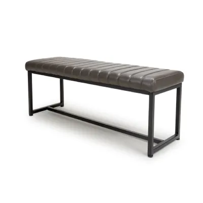 Grey Leather 120cm Dining Bench Black Metal Legs