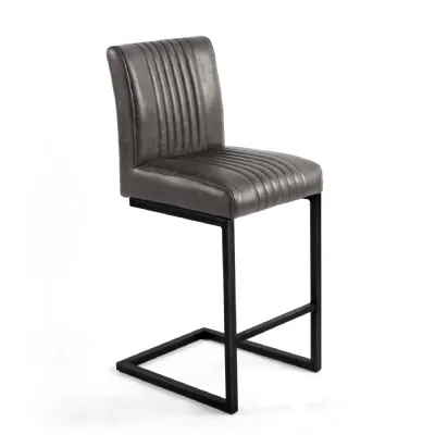 Ribbed Grey Leather Bar Stool Grey Metal Legs