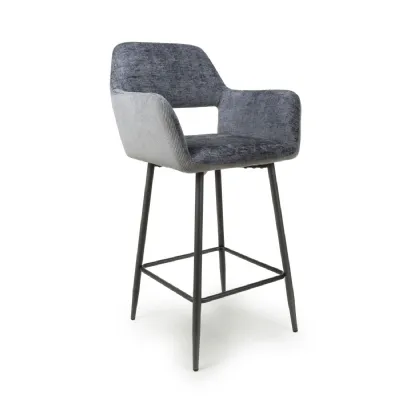 Blue Grey Chenille Corduroy Fabric Bar Stool Grey Metal Legs