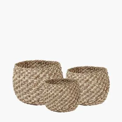 S 3 Woven 2Tone Natural Seagrass and Palm Leaf Plaited Round Baskets