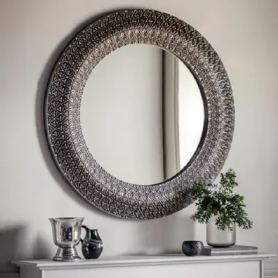 Pewter Metal Framed Large Round Wall Mirror 100cm Diameter