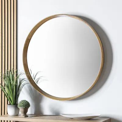 Thin Oak Framed Round Wall Hanging Mirror