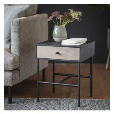 Grey and Black Oak Wood Bedside Table with Drawer