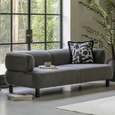 Grey Fabric 3 Seater Standard Back Sofa Dark Wood Legs