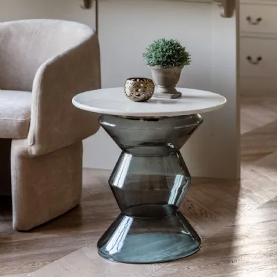 White Marble Top Round Side Table Geometric Smoked Glass Base