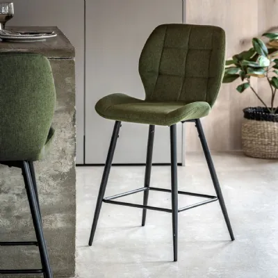 Green Fabric Bar Stool with Stitch Detailing and Black Legs