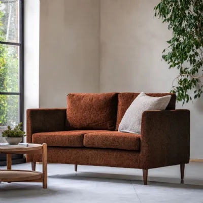 Rust Fabric 2 Seater Sofa with Turned Wood Legs