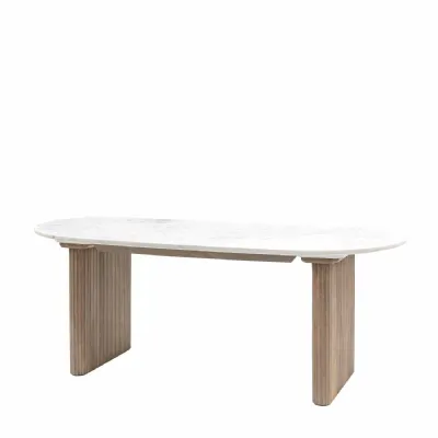 White Marble Top Oval Dining Table Wooden Ribbed Legs