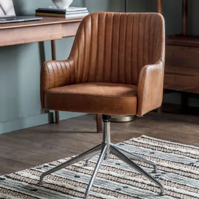 Vintage Tan Brown Leather Swivel Office Chair