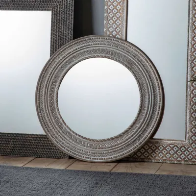 Carved Rustic Mango Wood Round Wall Mirror