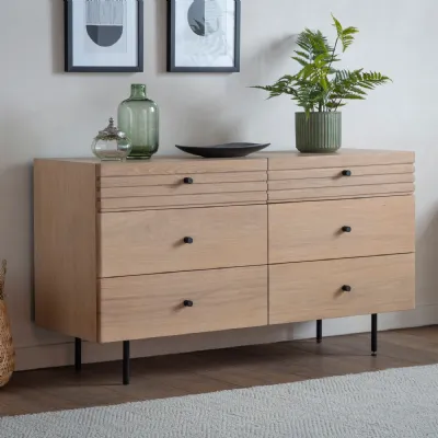 Japandi Grooved Oak Chest of 6 Drawers Black Metal Legs