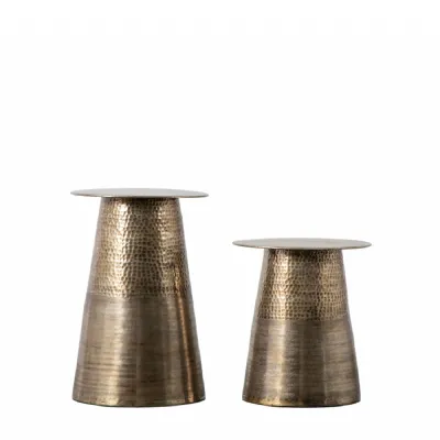 Antique Brass Hammered Metal Set of 2 Round Side Tables