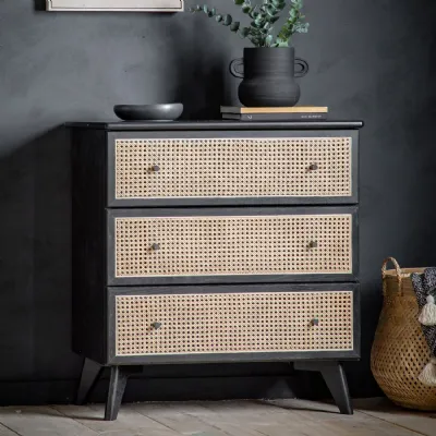 Black Oak Chest of 3 Drawers Rattan Woven Drawers