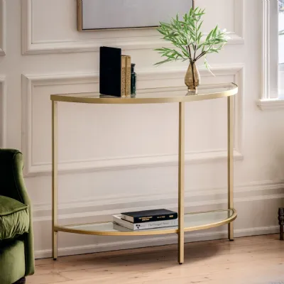 Champagne Metal Demi Lune Oval Shaped Console Table