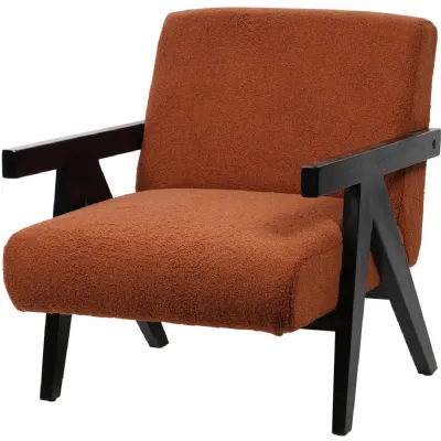 Orange Boucle Fabric Upholstered Armchair Wooden Frame