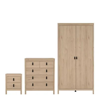 Barcelona Package Bedside Table 2 Drawers + Chest 5 Drawer + 2 Door Wardrobe in Jackson Hickory Oak