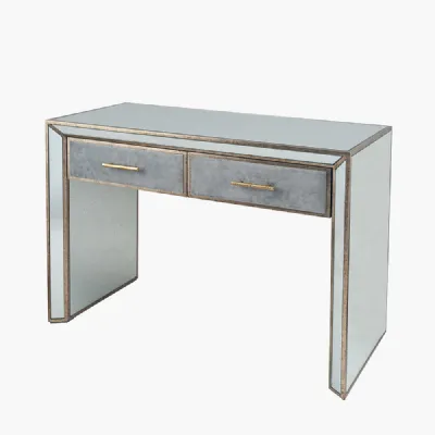 Mirrored Glass Console Table Grey Velvet Drawers