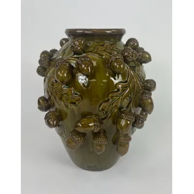 Crackle Tall Oak Green Multi Acorn Ceramic Vase
