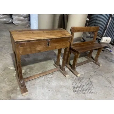 Antique School Desk And Bench Set