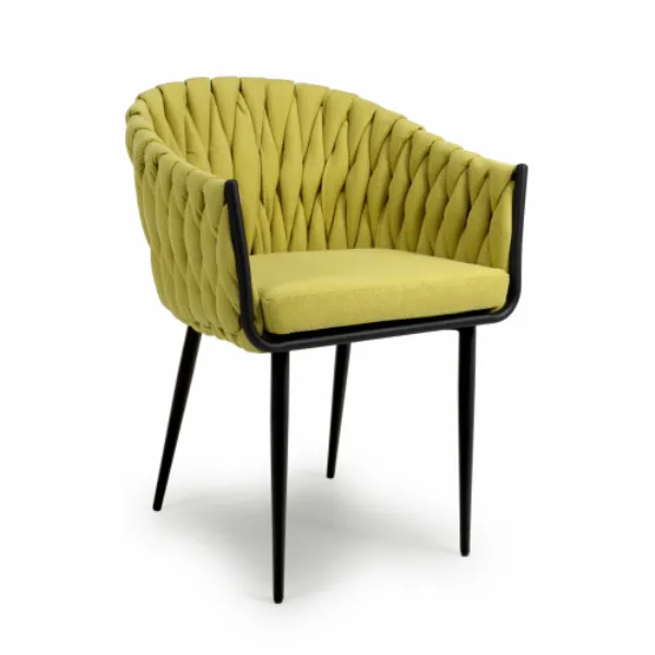 Braided Yellow Fabric Dining Chair with Black Tapered Legs