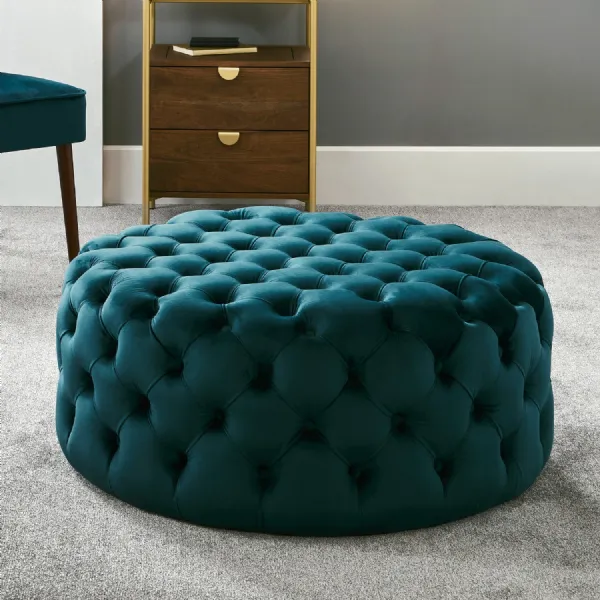 Aqua Blue Velvet 90cm Round Buttoned Pouffe