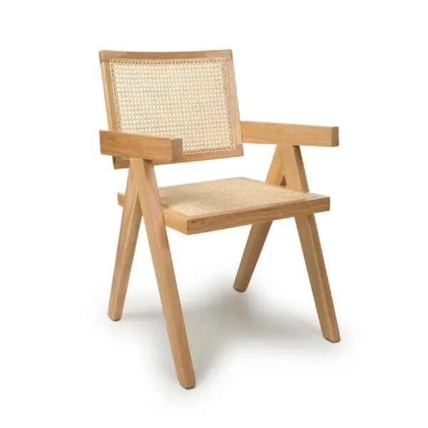 Natural Woven Rattan Wooden Frame Dining Chair with Armrests