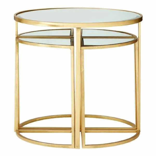 Set Of 5 Iron Gold Stainless Steel Mirrored Tops Nest of Tables