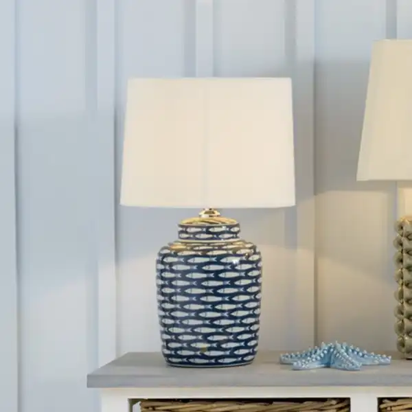 Blue and White Fishes Ceramic Table Lamp with Cream Shade